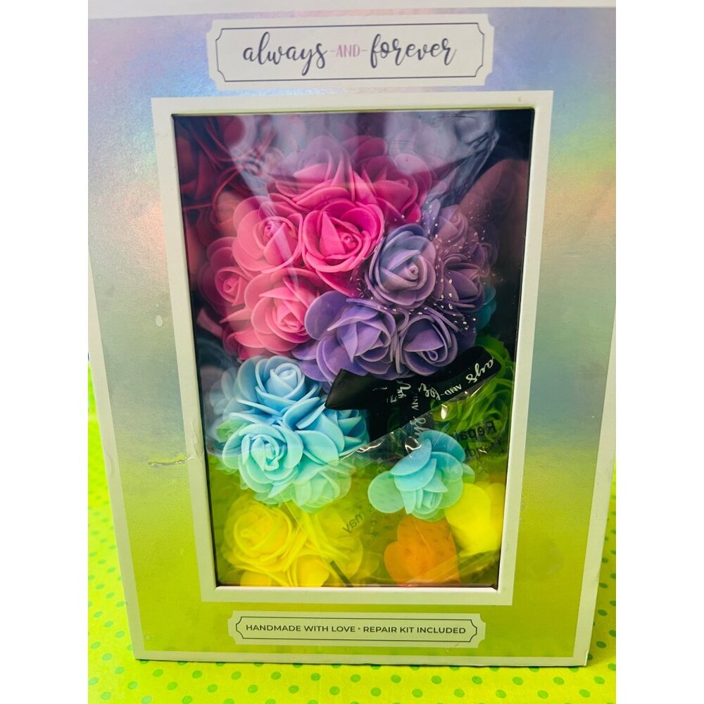 Rainbow Rose Bear Gift Box With Love & Repair Kit 10x8x7”